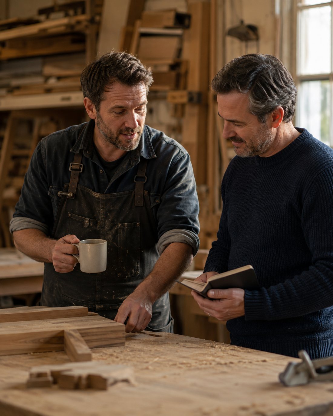 A Lobster partner talking with a joiner at his workbench